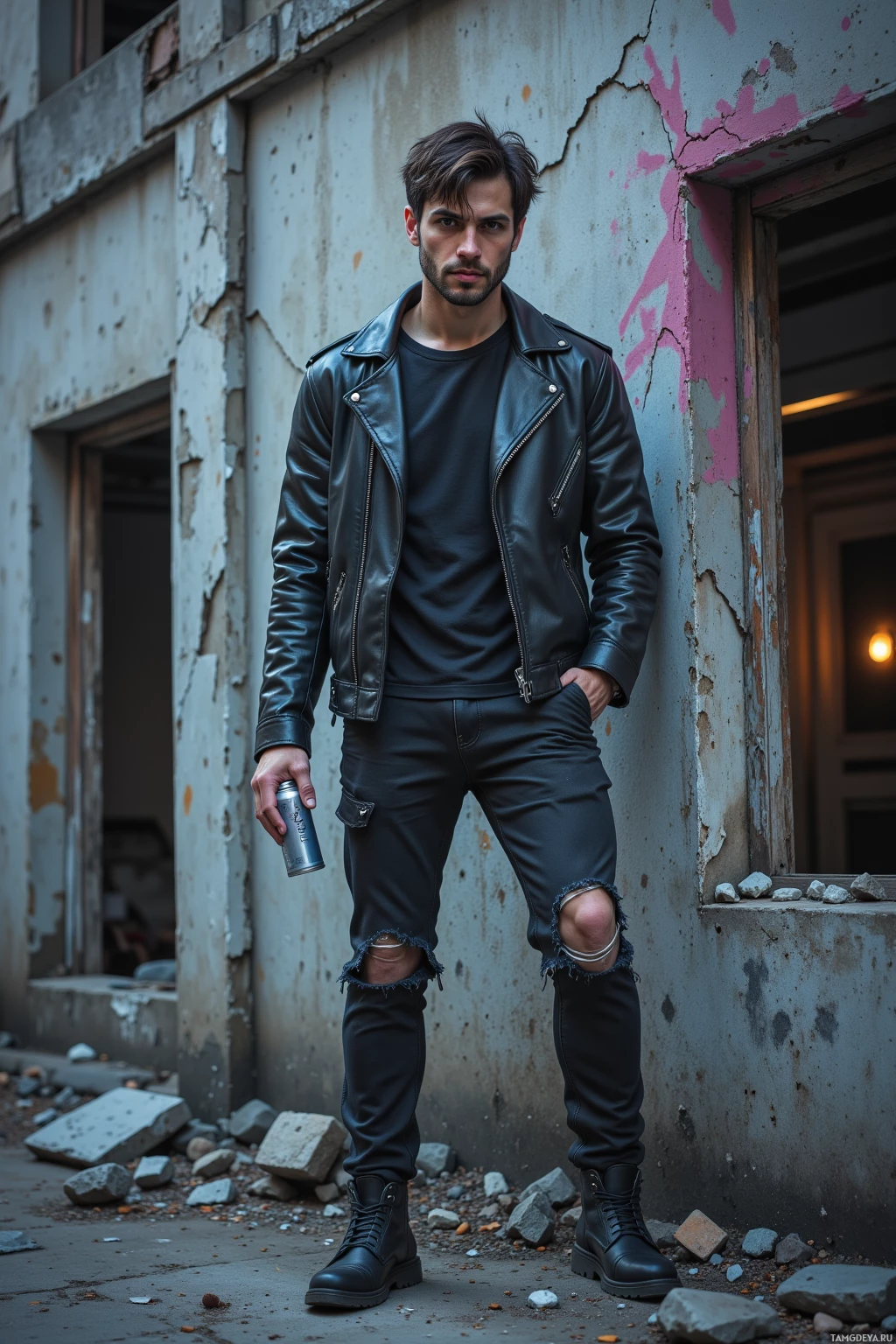 A man stands in an urban setting, wearing a black leather jacket, ripped jeans, and boots, holding a can.