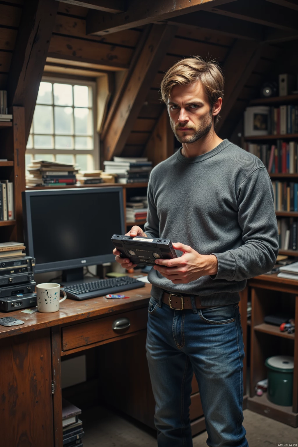A man stands in a room with wooden beams, holding a cassette tape.
