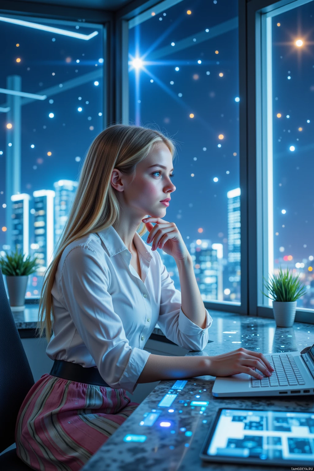 A woman in a white shirt and striped skirt sits at a desk, looking out a window at a cityscape at night.