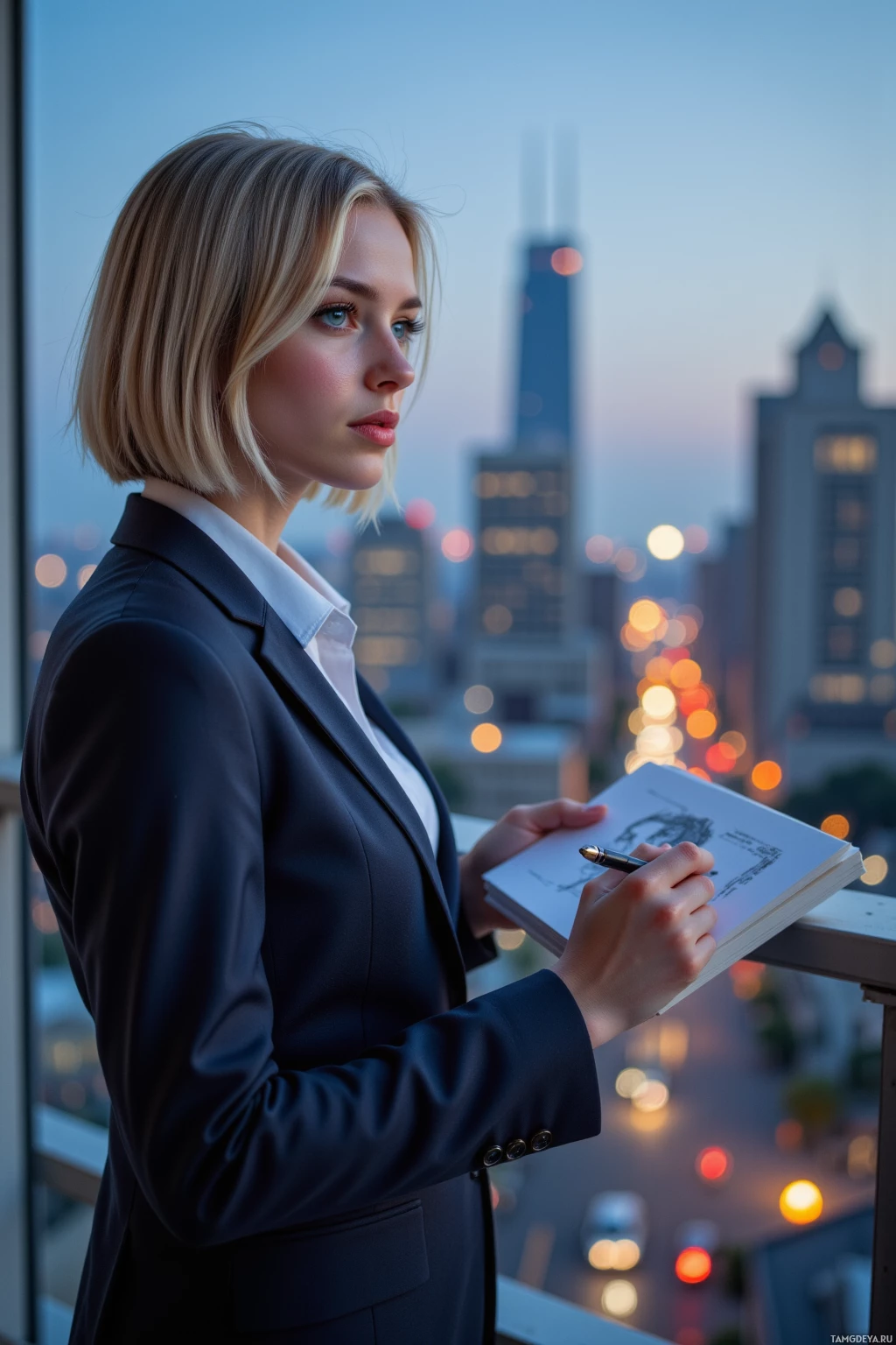 A woman in a suit stands on a balcony overlooking a cityscape at dusk, holding a notebook and pen.