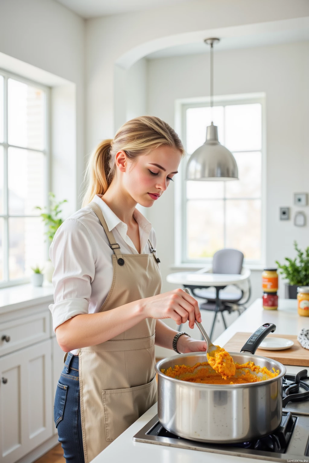 A woman in an apron stirs a pot of food in a kitchen.