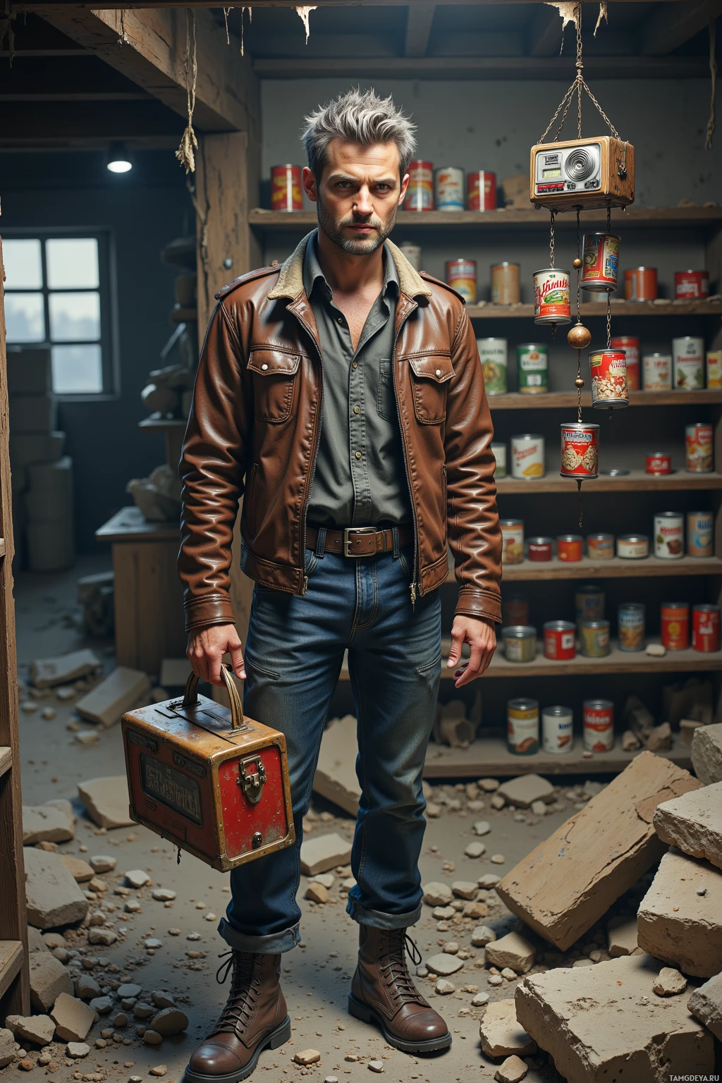 A man in a leather jacket and jeans stands in a rustic setting, holding a toolbox.
