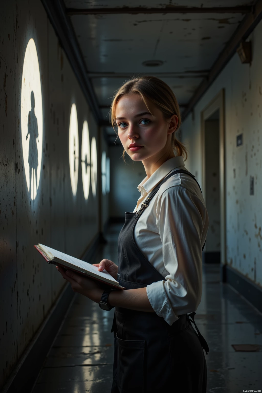 A person stands in a dimly lit hallway, holding an open book.