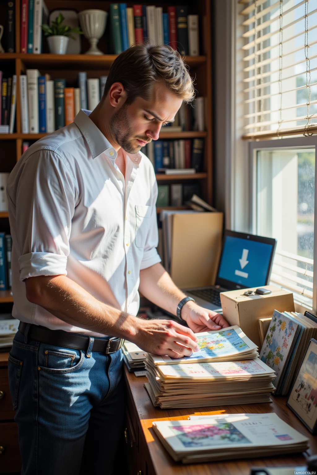 A man in a white shirt stands at a desk, examining a stack of papers.