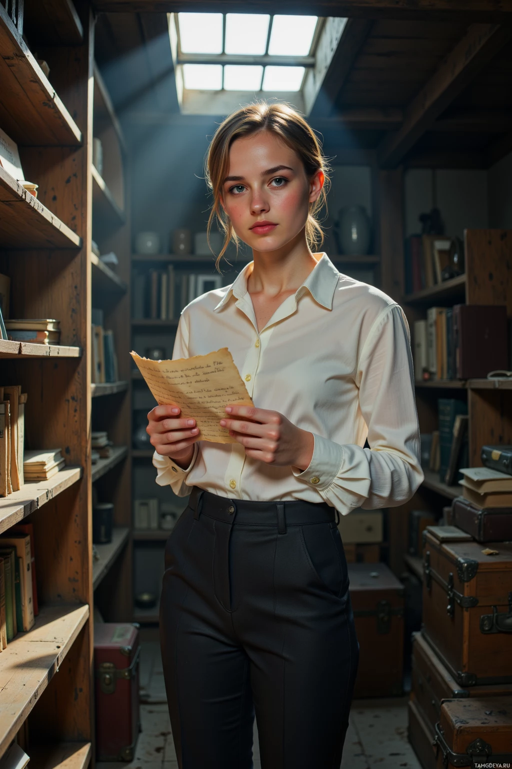 A woman in a white shirt and dark pants stands in a room with bookshelves, holding a piece of paper.