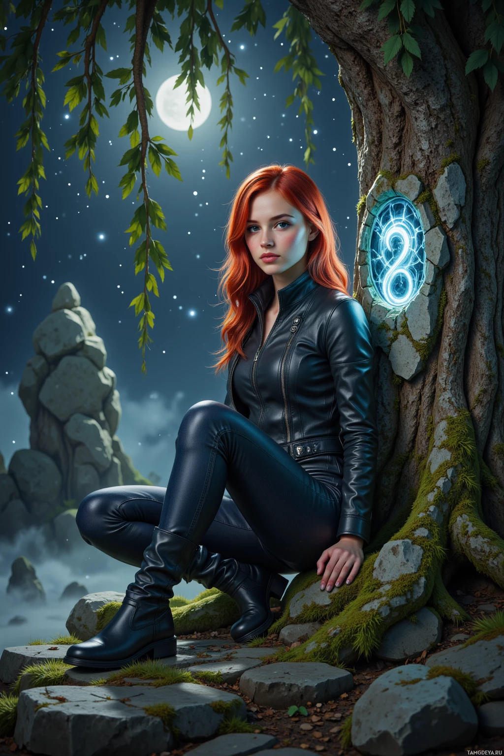 A woman with red hair sits against a tree in a moonlit, mystical forest setting.