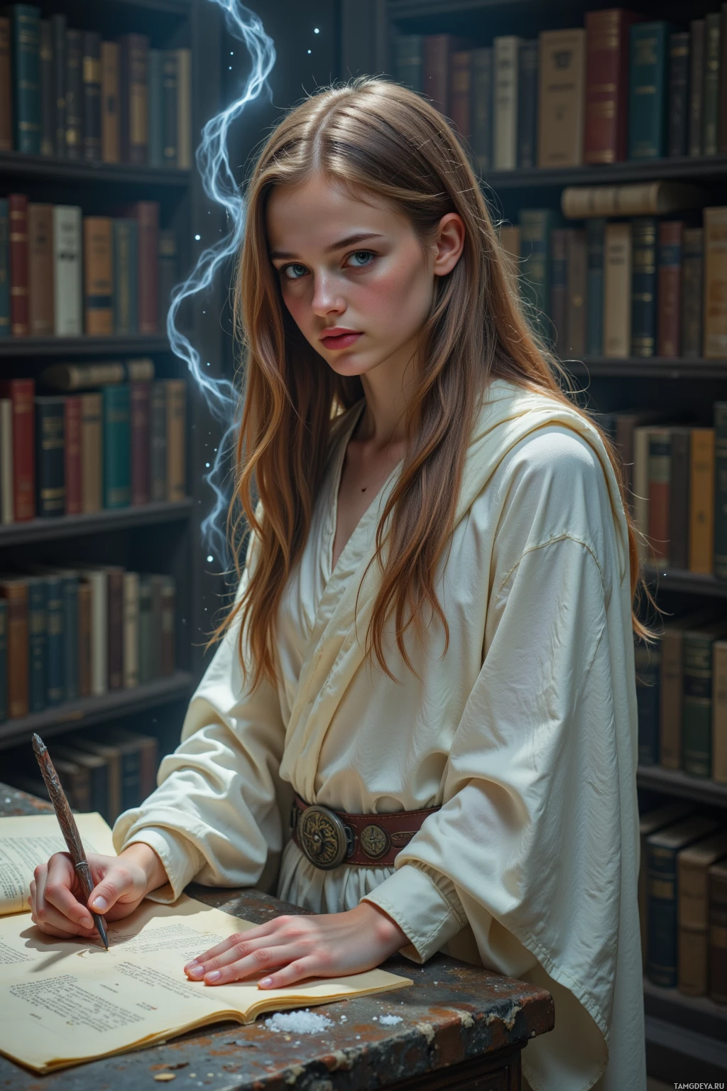 A young woman in a white robe sits at a desk in a library, writing in a book.