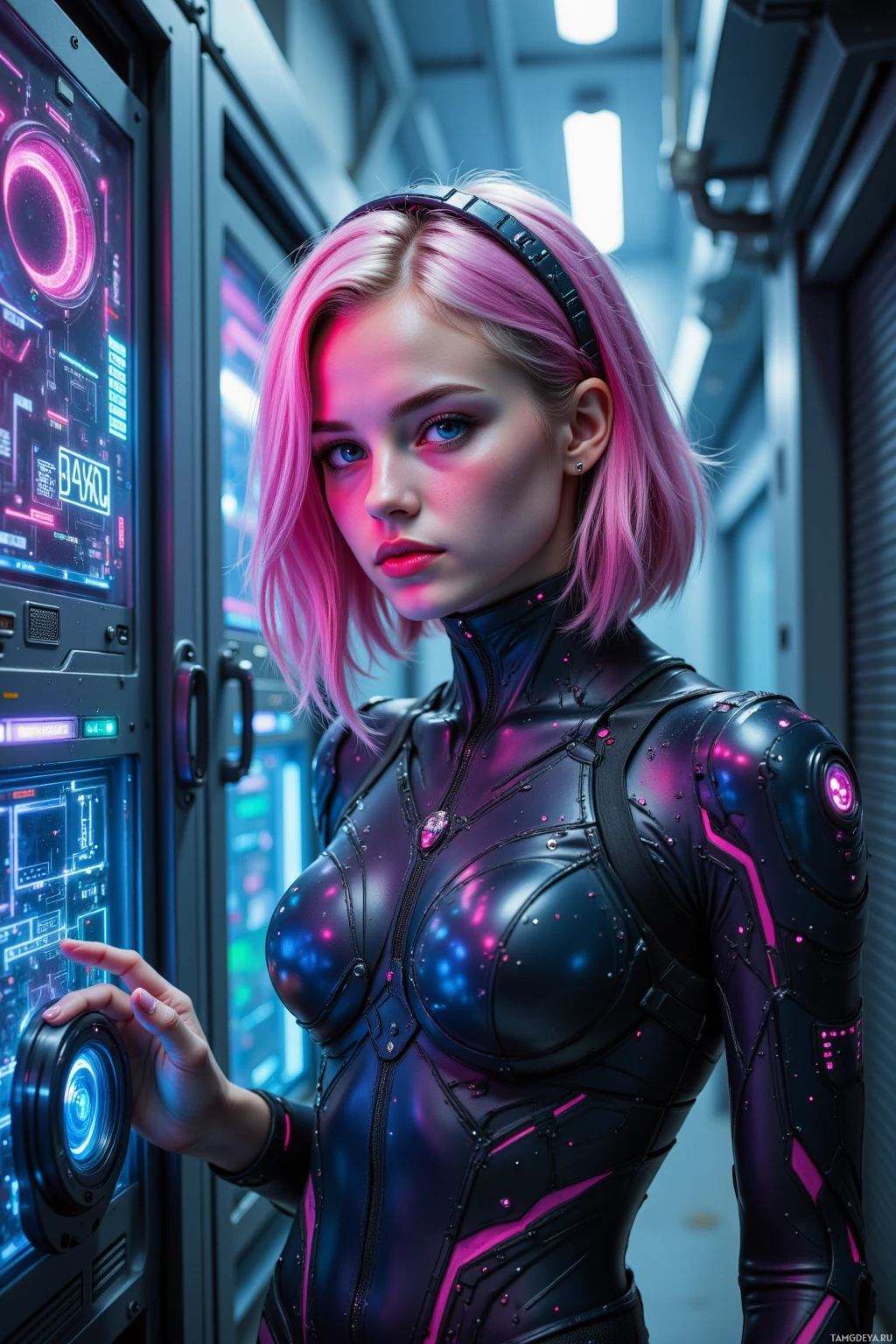 A futuristic woman in a sleek, black bodysuit interacts with a high-tech interface in a neon-lit environment.