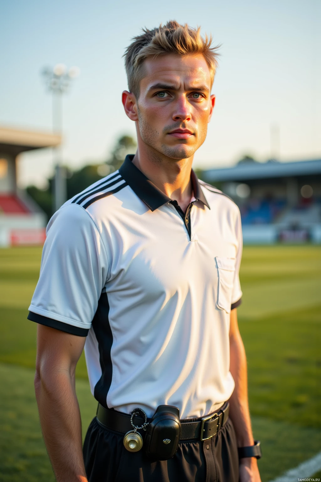 A man in a referee uniform stands on a sports field.