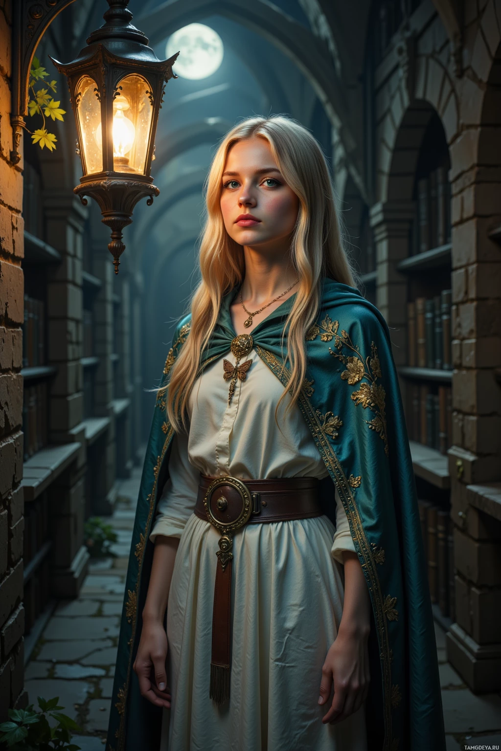 A woman in a medieval-style dress stands in a dimly lit alleyway with a lantern above her.