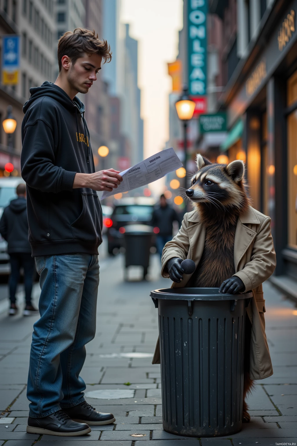 A person and a raccoon in a trench coat stand on a city street, with the raccoon holding a microphone.