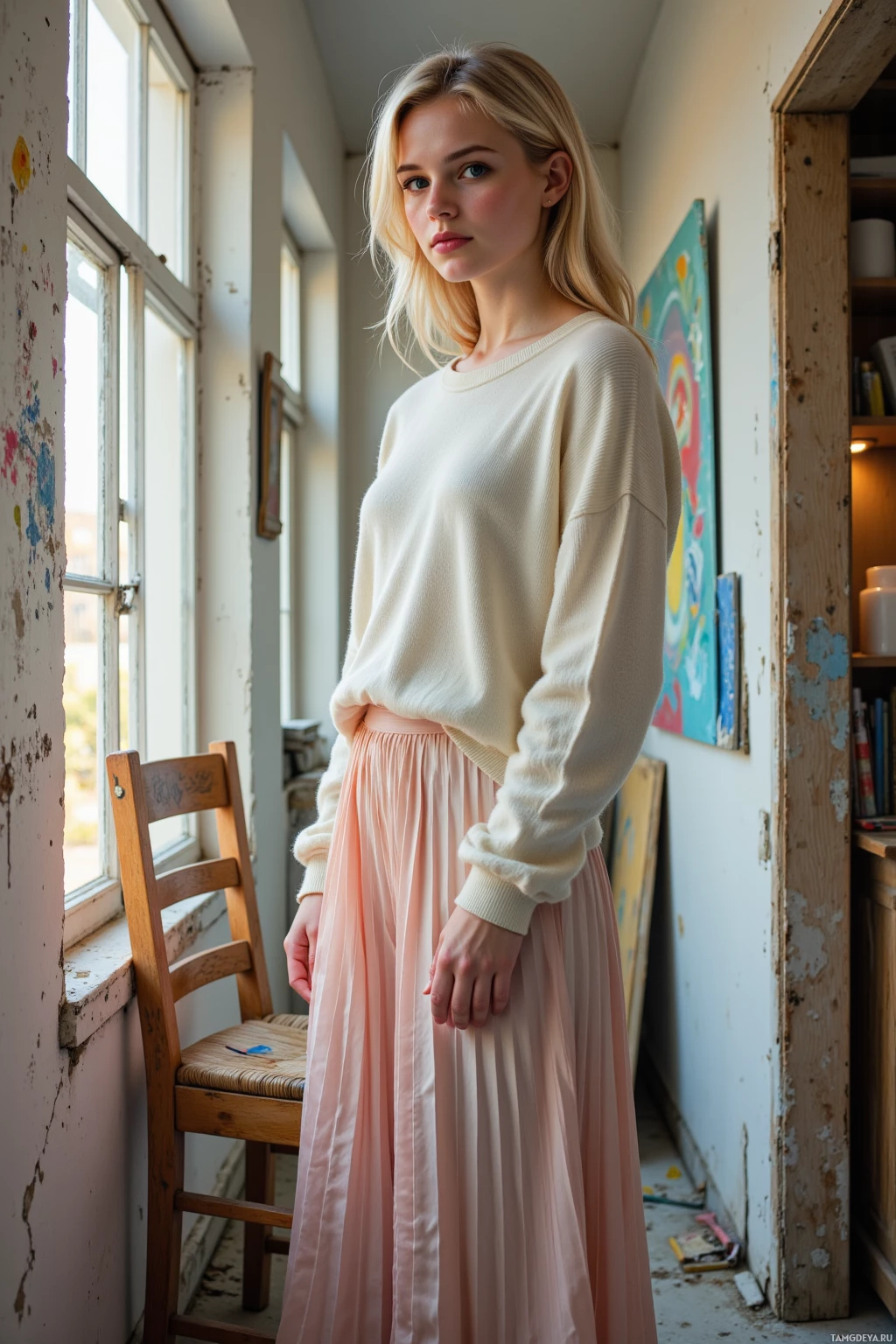 A woman stands in a room with a window, wearing a cream sweater and a pink skirt.