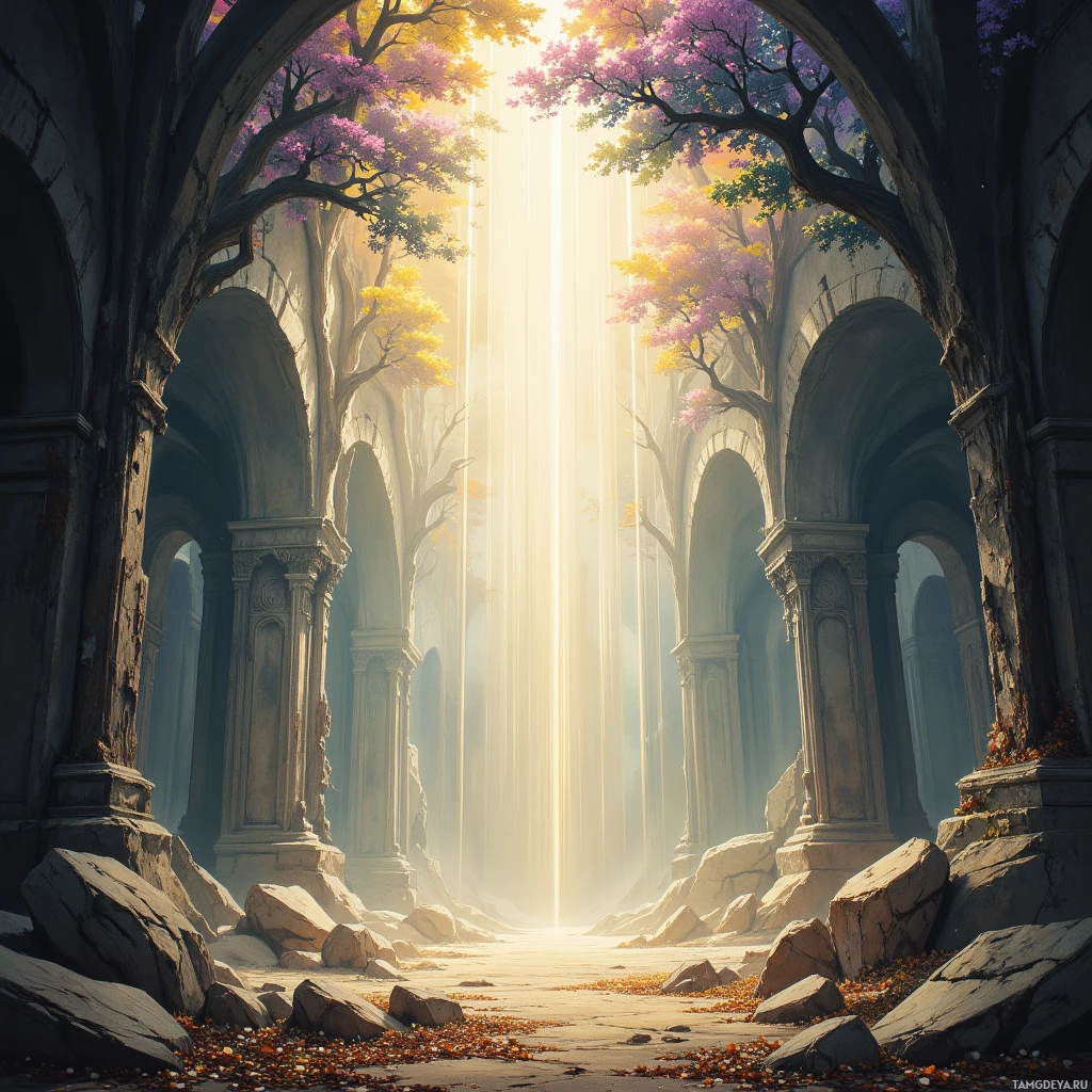 A serene scene of an ancient stone archway with vibrant trees and beams of sunlight filtering through.