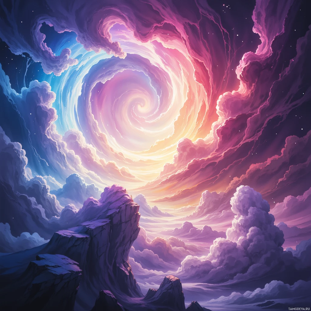 A vibrant, swirling sky with a mix of purple, pink, and blue hues, featuring dramatic clouds and a glowing center.