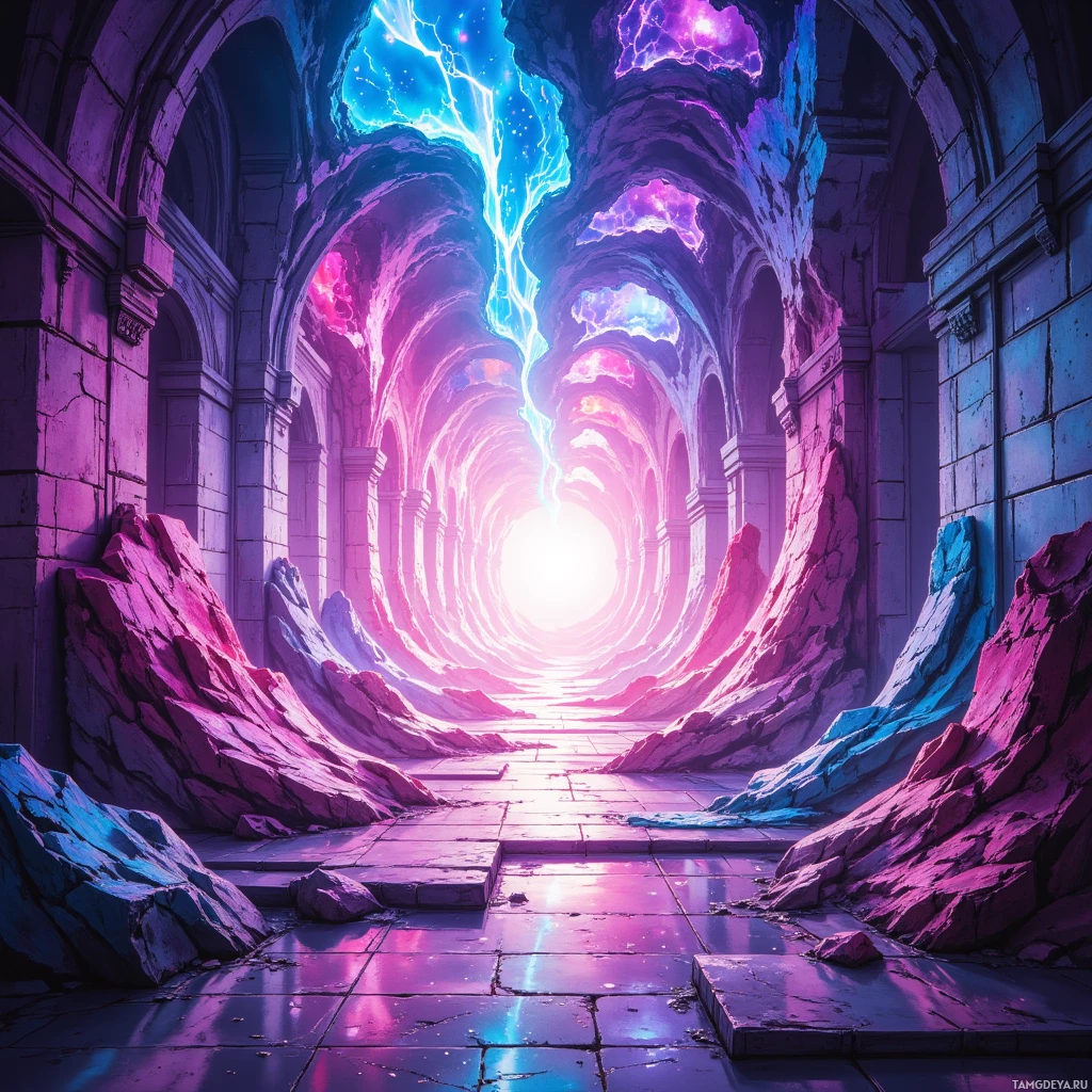 A fantastical, glowing tunnel with arches and a bright light at the end.