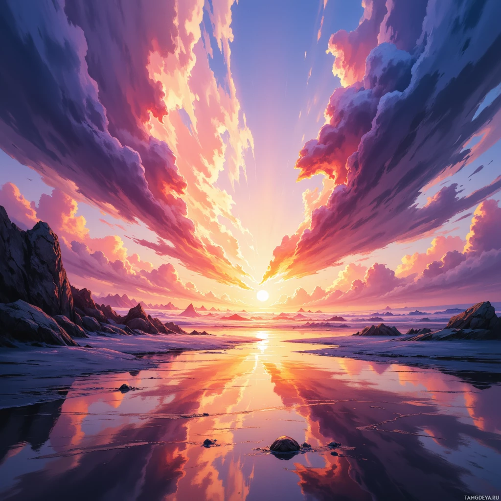 A vibrant sunset scene with colorful clouds reflecting on a calm body of water.