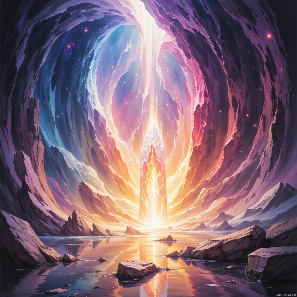 A vibrant, cosmic scene featuring a glowing portal surrounded by rocky terrain and a reflective body of water.