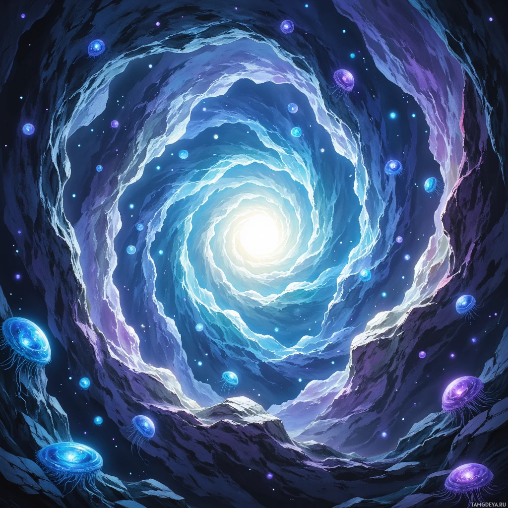 A swirling cosmic tunnel with glowing jellyfish-like creatures and stars.