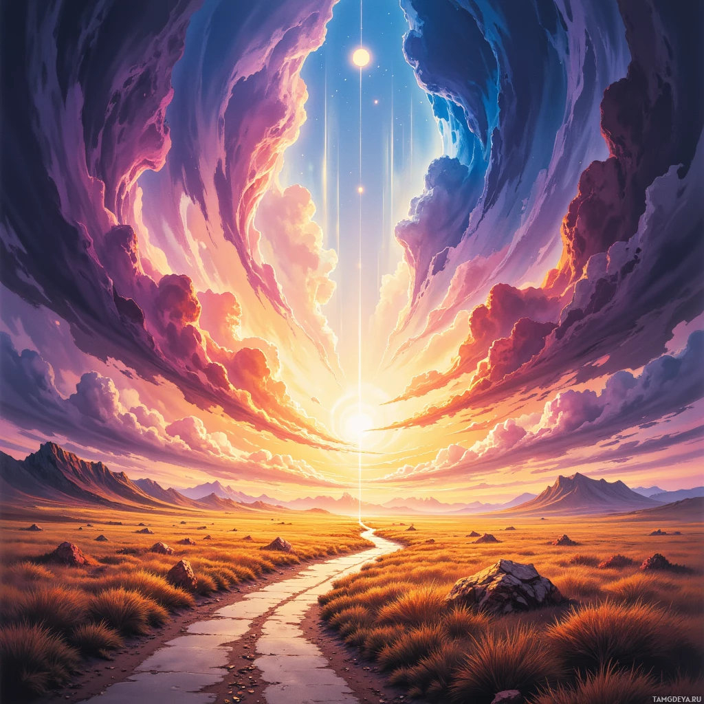 A surreal landscape with a vibrant sky, dramatic clouds, and a winding path leading towards distant mountains.
