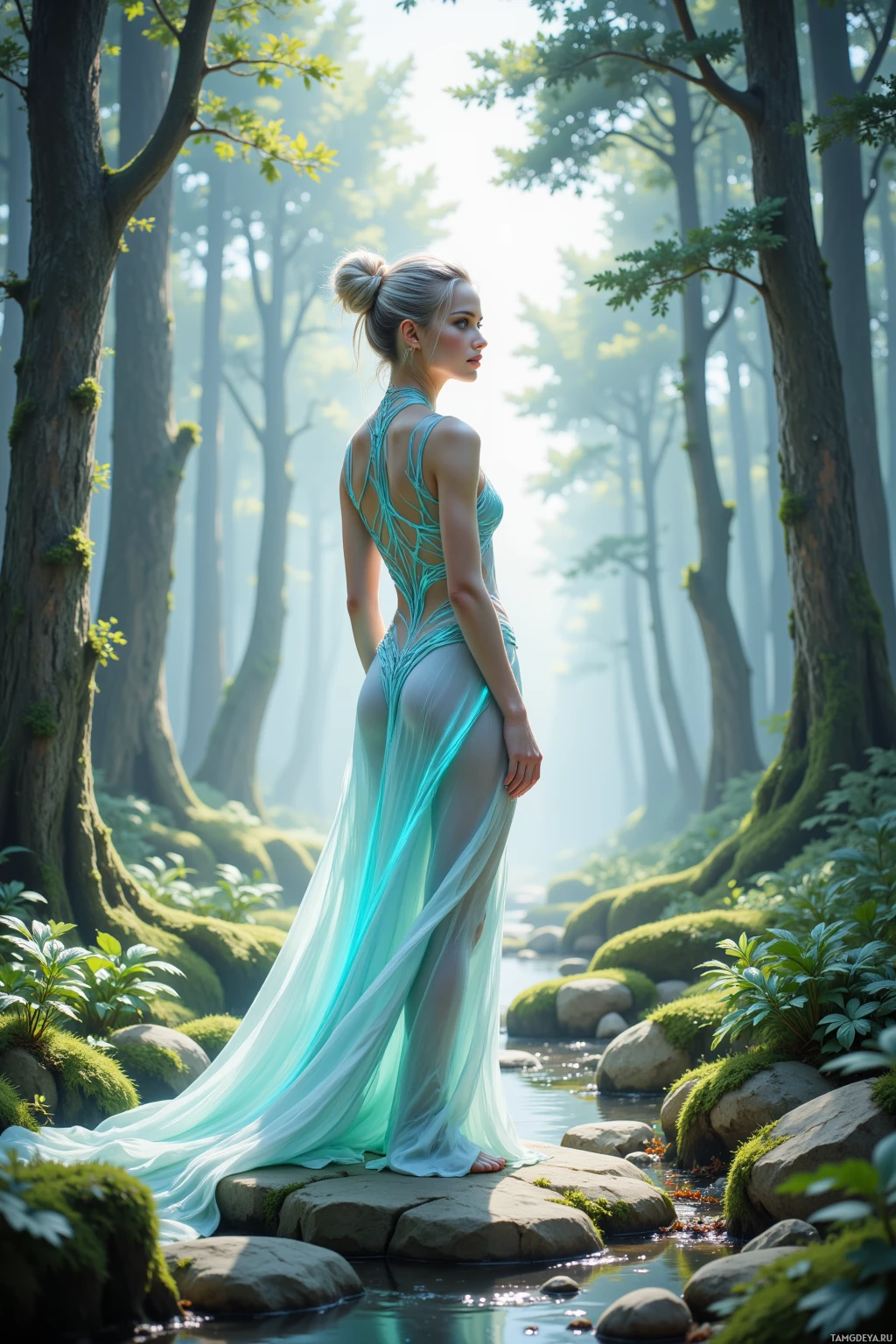 A woman in a flowing dress stands on a stone path in a serene forest.