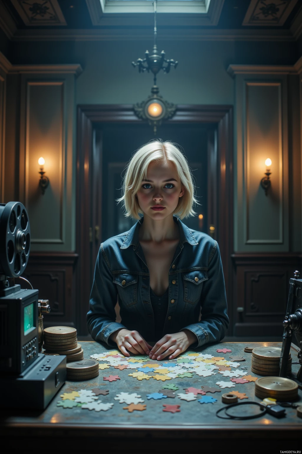 A person in a denim jacket sits at a table with puzzle pieces and a film projector in a dimly lit room.