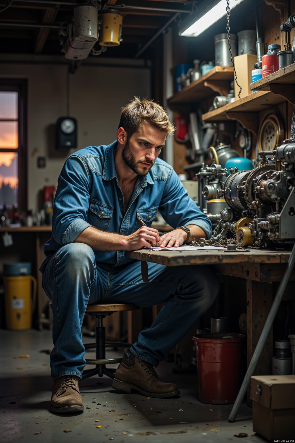 A man in a workshop is writing on a piece of paper.