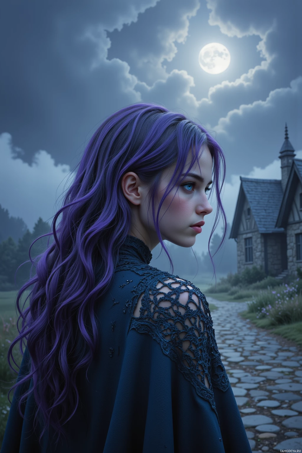A person with long, wavy purple hair stands on a cobblestone path near a stone house under a moonlit sky.