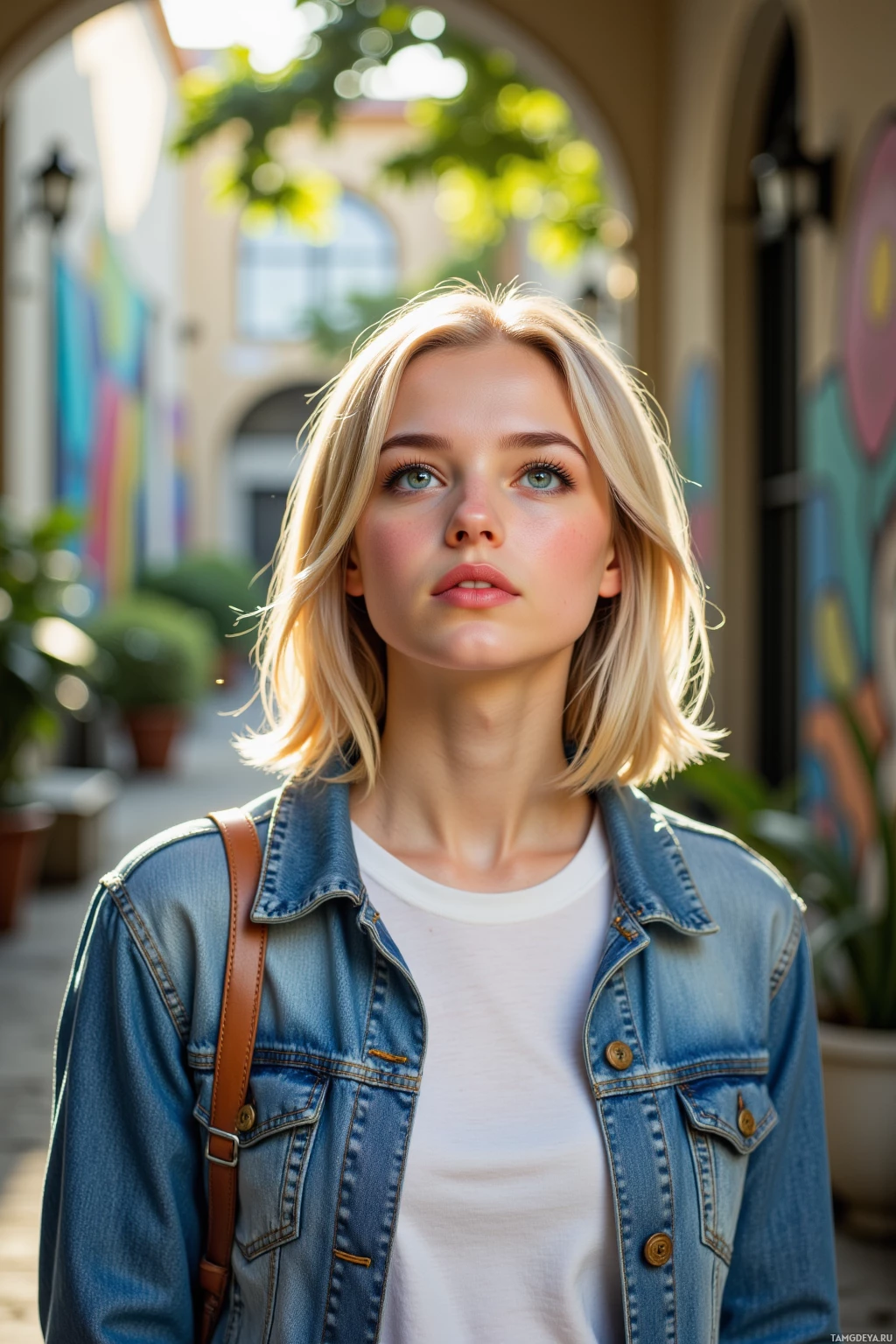 A young woman with blonde hair wearing a denim jacket and white shirt stands in an outdoor setting with greenery and buildings in the background.