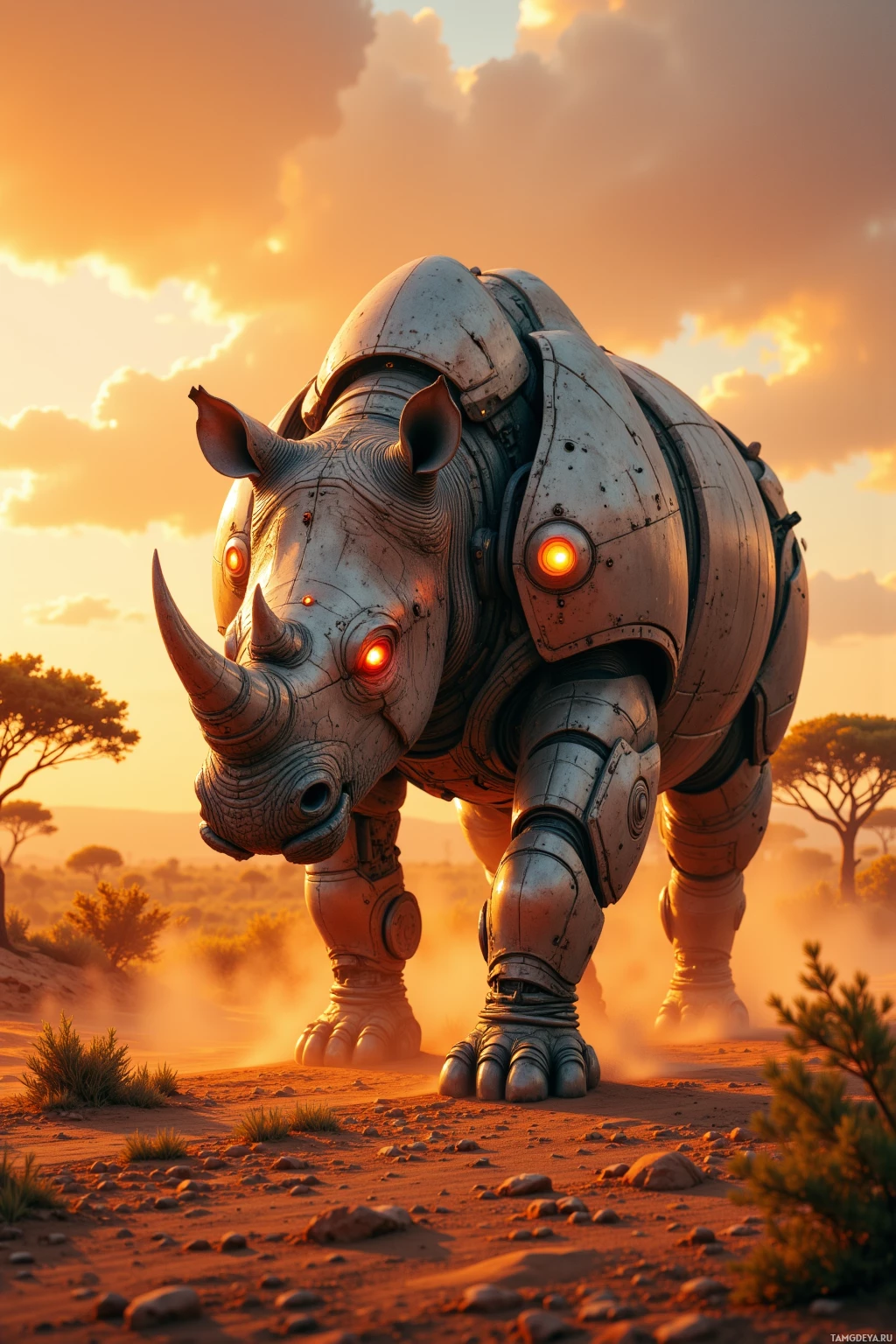A robotic rhinoceros with glowing red eyes stands in a desert landscape at sunset.