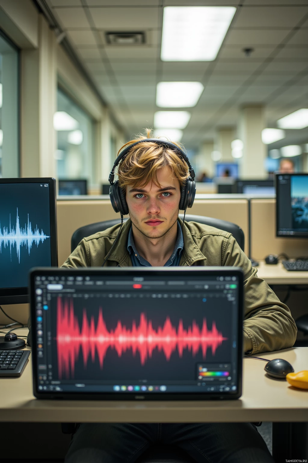 A person wearing headphones sits at a desk with a computer displaying audio editing software.
