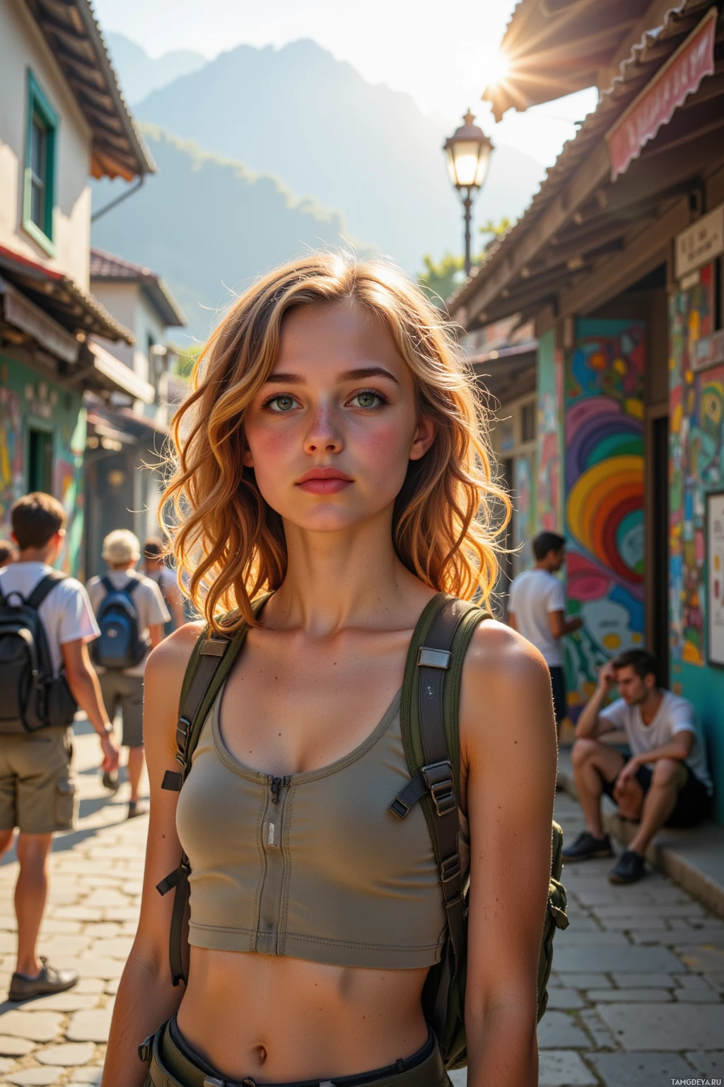 A young woman with a backpack stands on a cobblestone street with colorful murals and a mountain in the background.