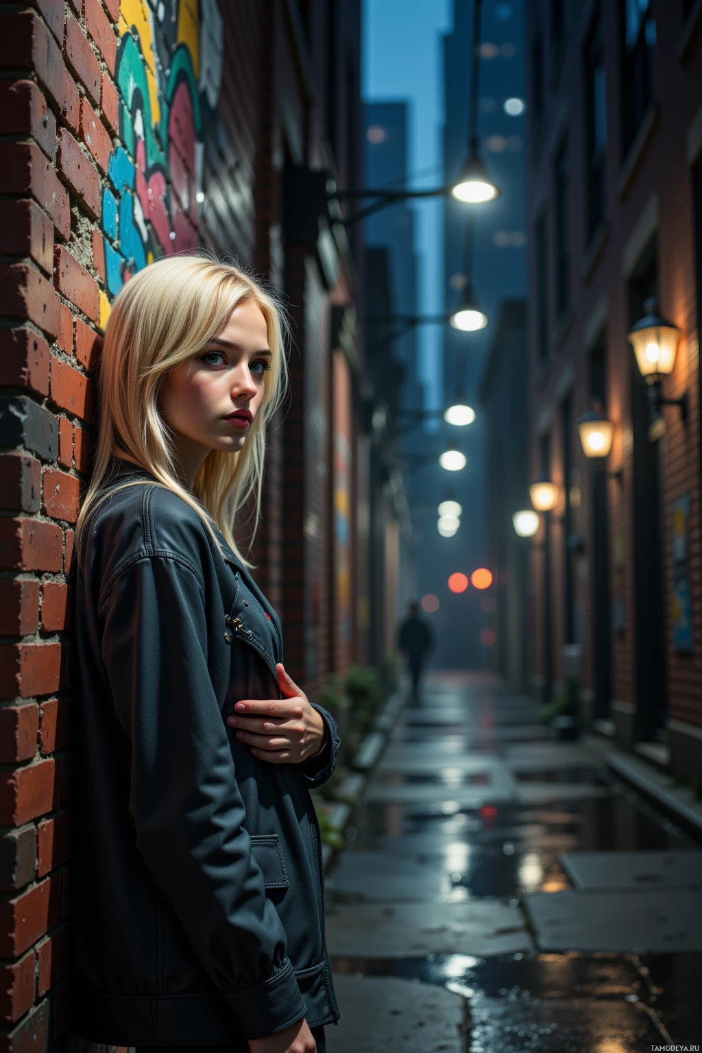 A person stands in a dimly lit alleyway at night, leaning against a brick wall.