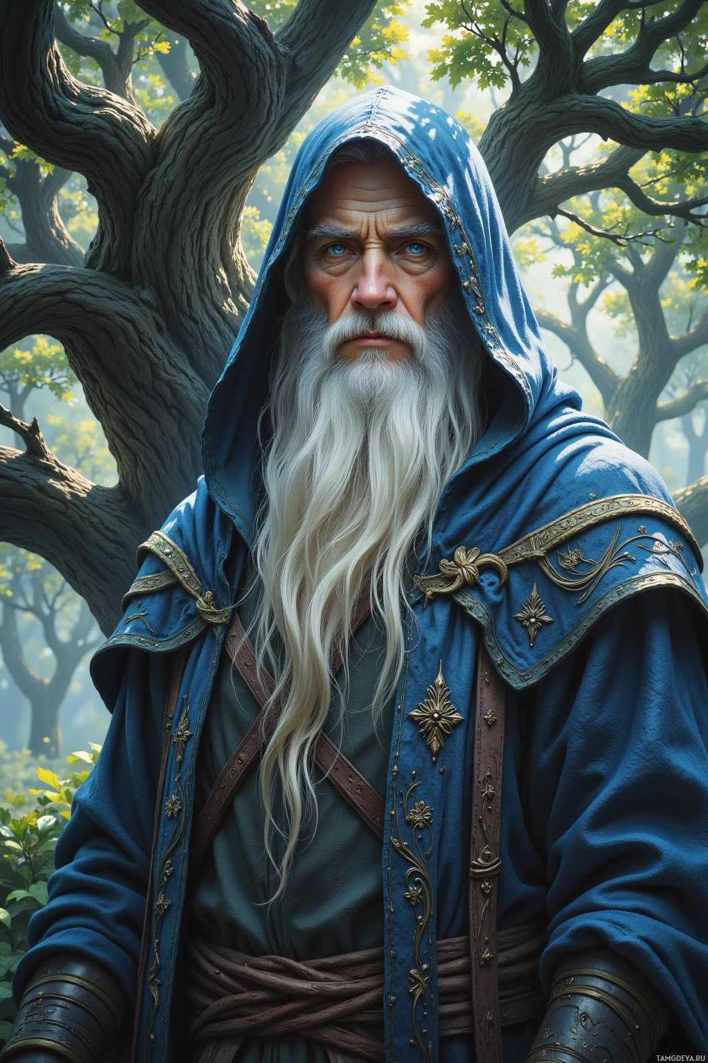 An elderly man with a long white beard and blue eyes wears a blue hooded robe adorned with gold embroidery, standing amidst a forest.