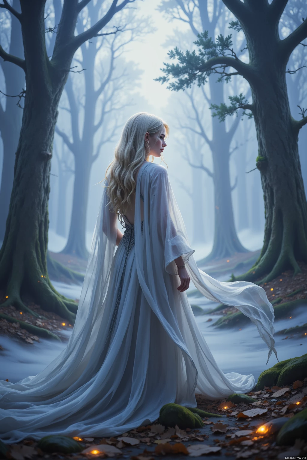 A woman in a flowing white gown stands in a misty forest.