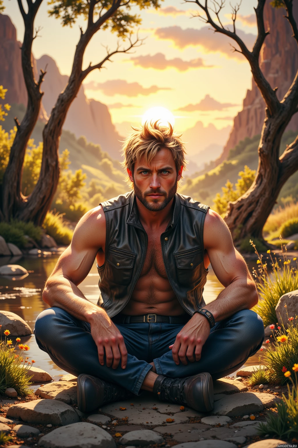 A man in a leather vest and jeans sits cross-legged on rocks by a stream, surrounded by a scenic sunset landscape.