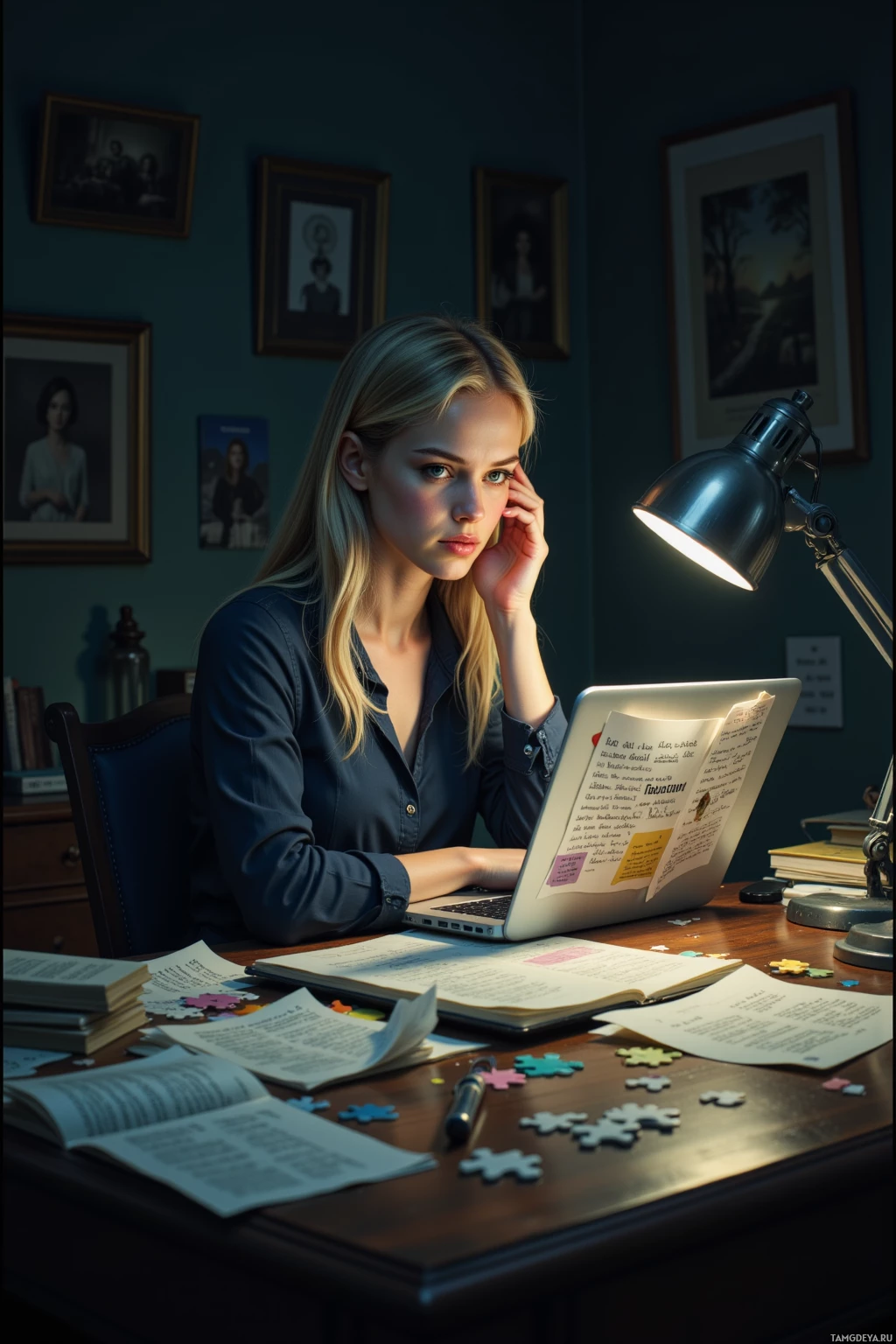 A woman sits at a desk with a laptop, surrounded by books and papers, illuminated by a desk lamp.
