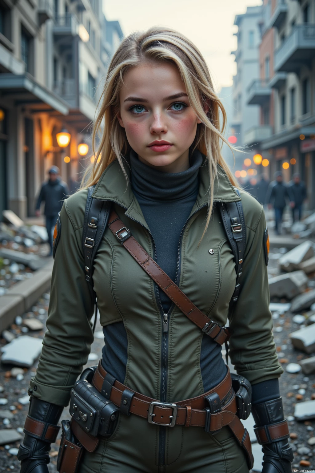 A person in a military-style outfit stands in an urban alleyway.