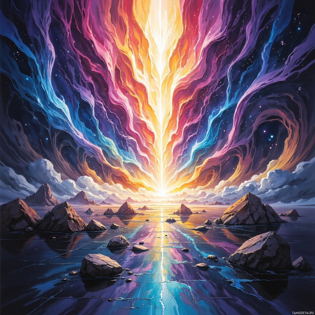 A vibrant cosmic scene with a radiant light source and colorful nebulae above rocky formations.