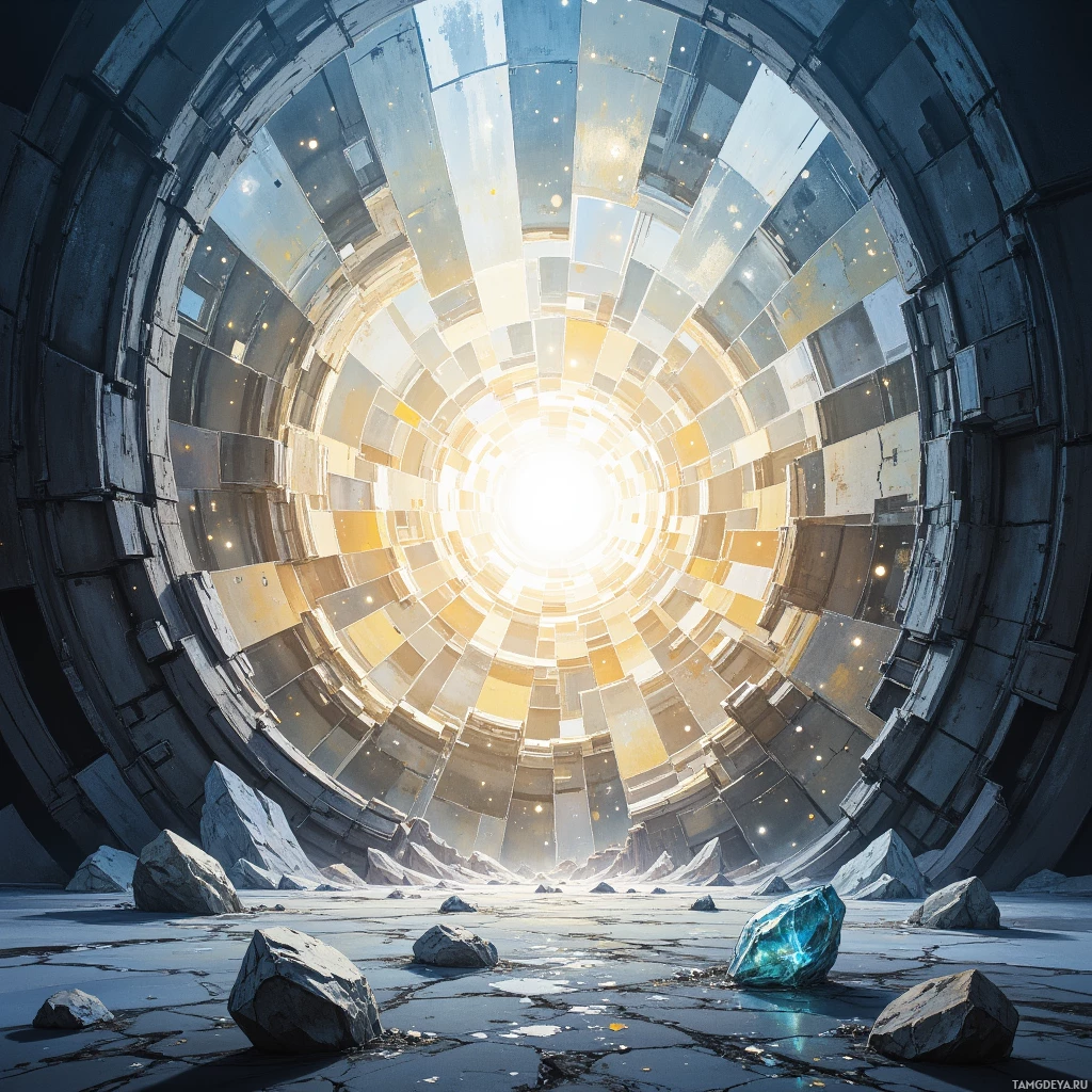 A futuristic tunnel with a glowing light at the end and rocky terrain in the foreground.