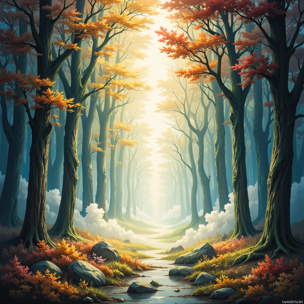 A serene forest scene with tall trees, colorful autumn foliage, and a gentle stream.