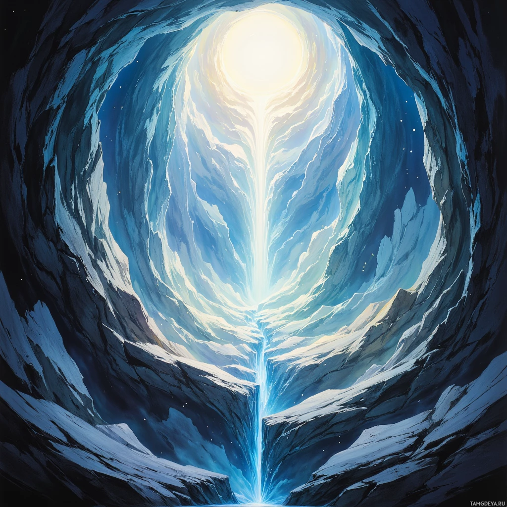 A glowing light at the end of a tunnel with icy walls.