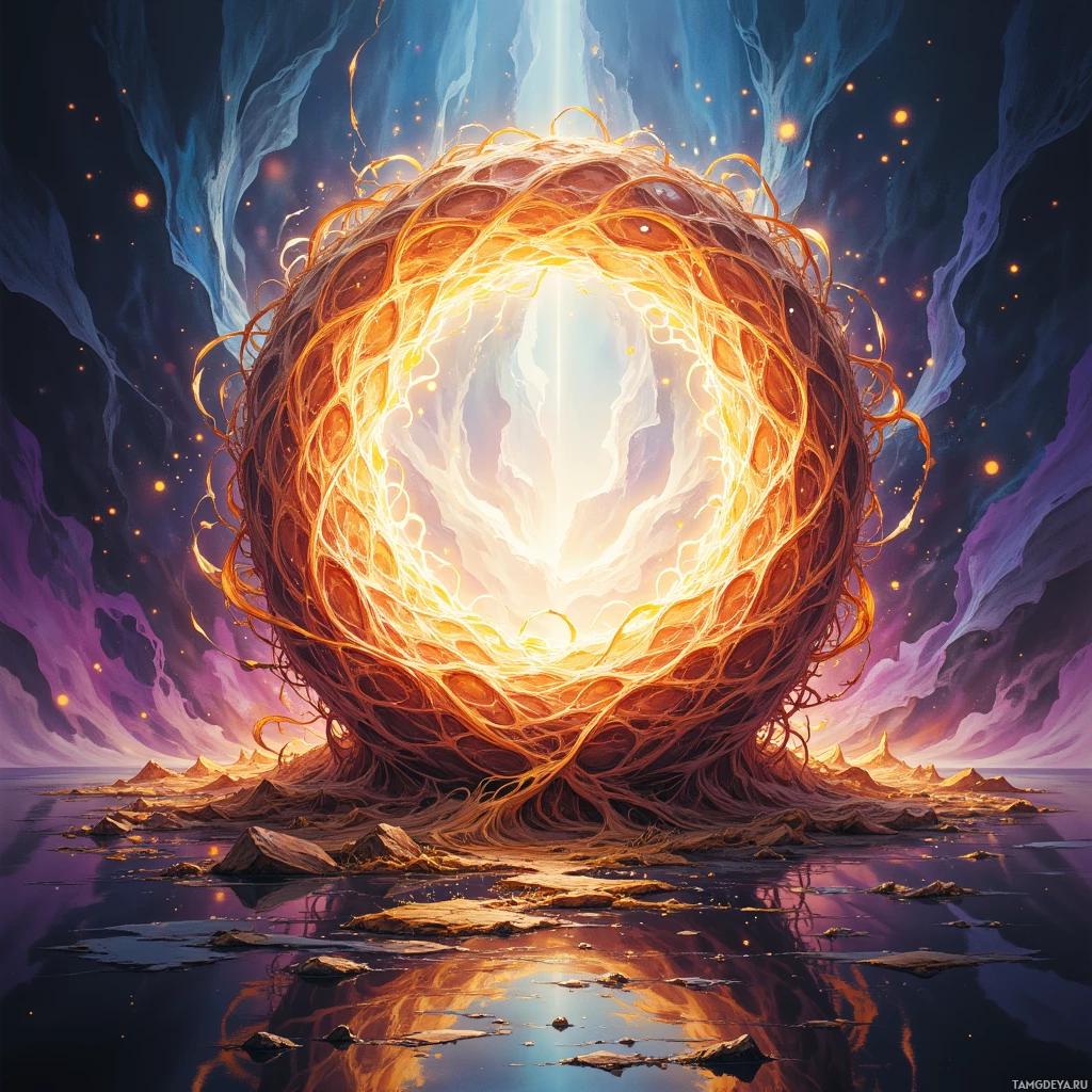 A glowing, intricate sphere with a fiery core and ethereal tendrils, set against a cosmic backdrop.