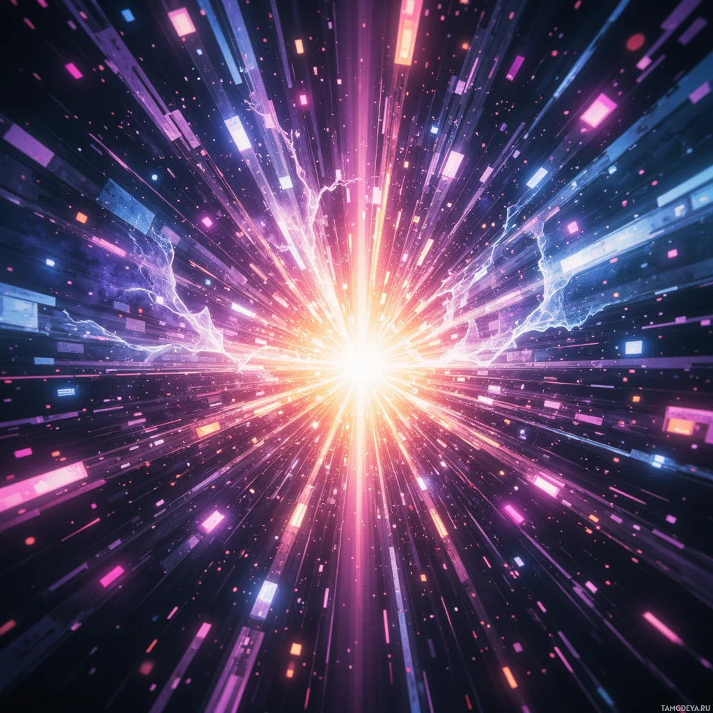 A vibrant, futuristic explosion of light and particles in a cosmic setting.