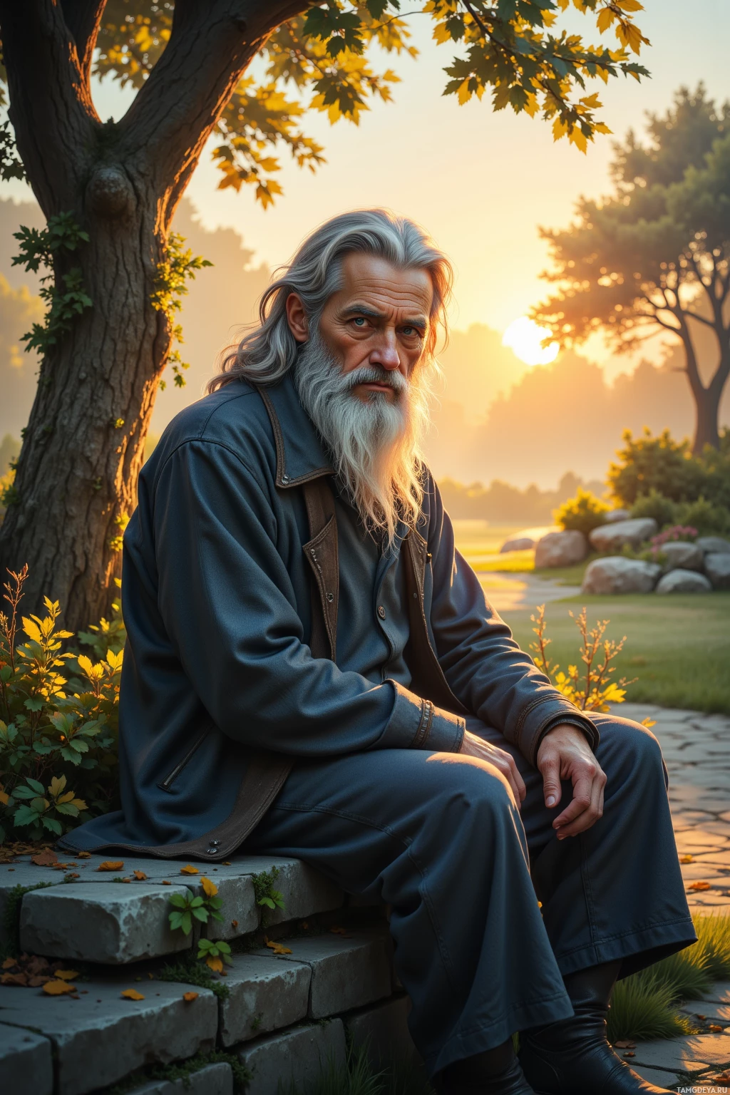 An elderly man with long white hair and a beard sits on stone steps in a serene outdoor setting with trees and sunlight.