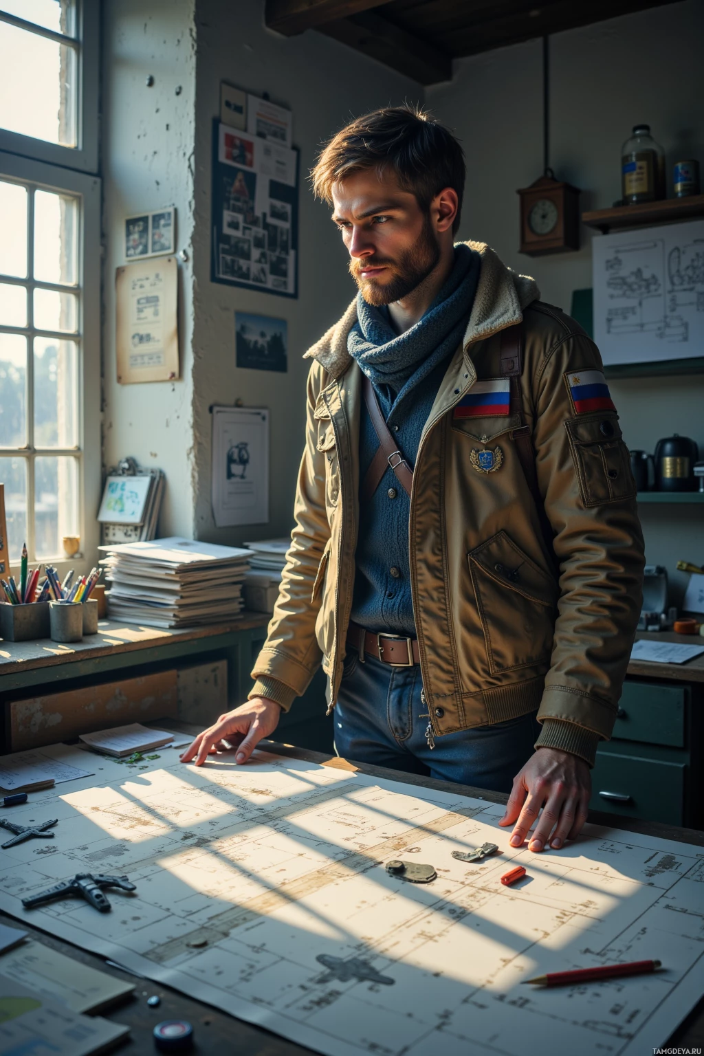 A man stands in a workshop, examining blueprints on a table.