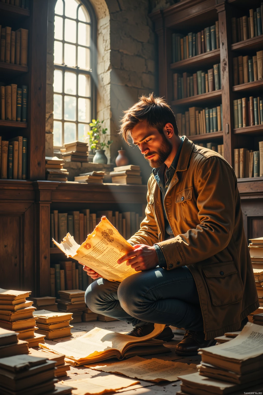 A man is crouching and reading an old book in a library filled with books.