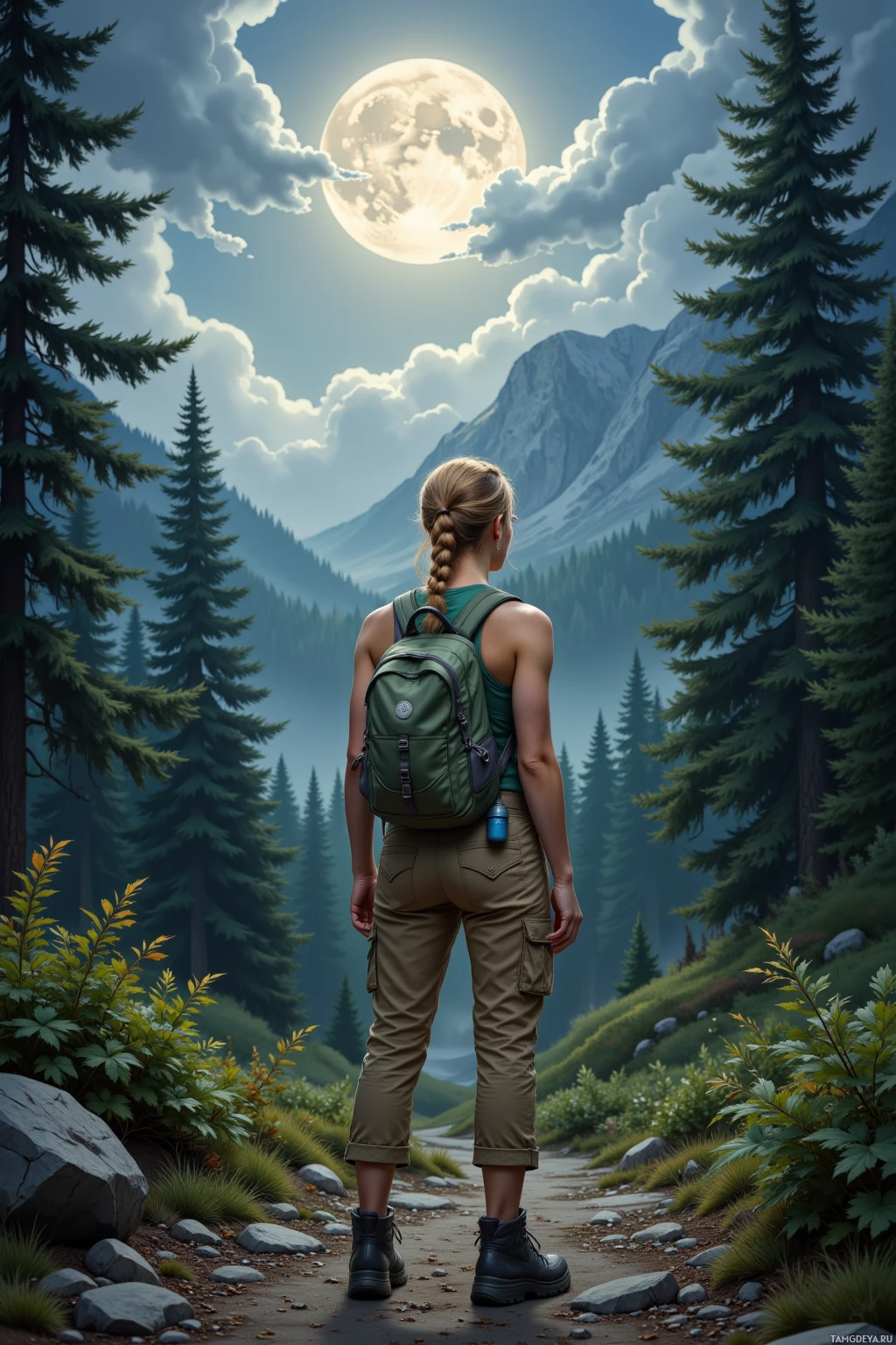 A person with a backpack stands on a path in a forest, gazing at a mountain under a full moon.