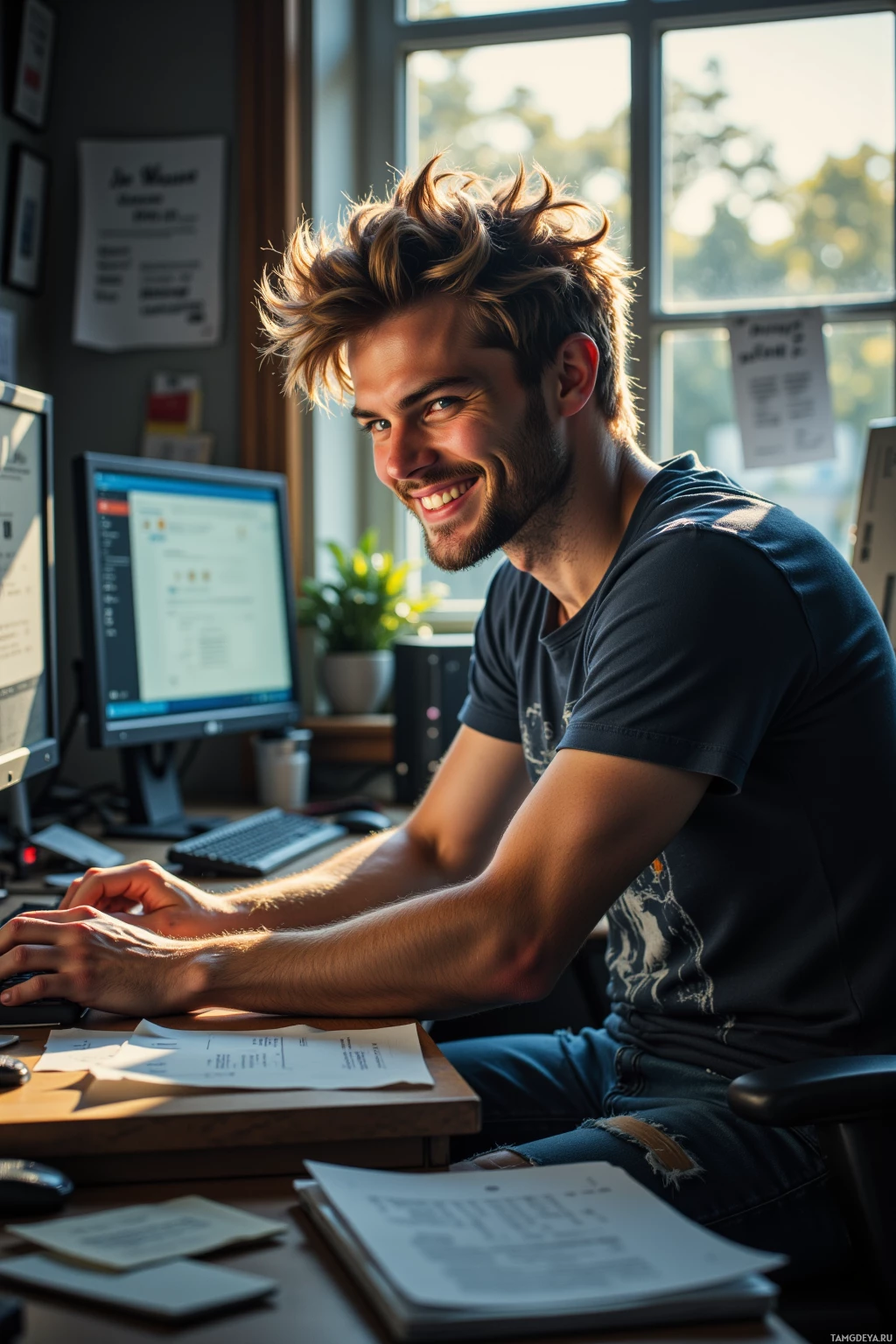 A man is smiling while working at a desk with a computer and documents.