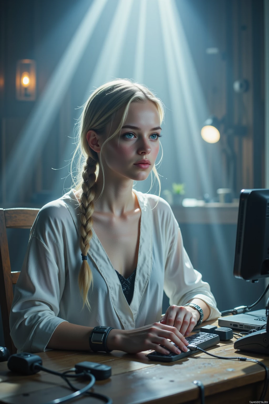 A woman with a braid sits at a desk, typing on a keyboard, with beams of light shining through a window.