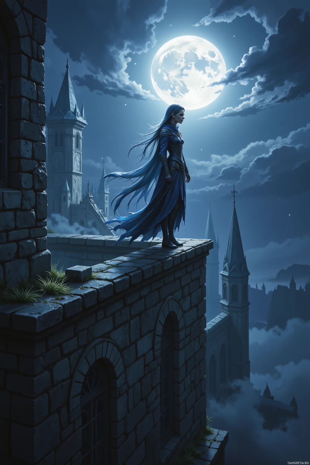 A woman stands on a castle rooftop under a full moon, gazing over a foggy landscape.